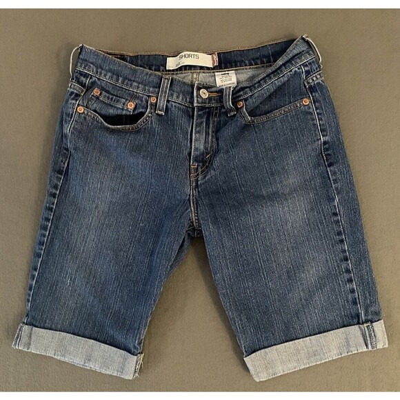 Levis 515 Jean Shorts Womens 28x11 Blue Bermuda Medium Wash Walking Jorts Tag 8 - Picture 1 of 12